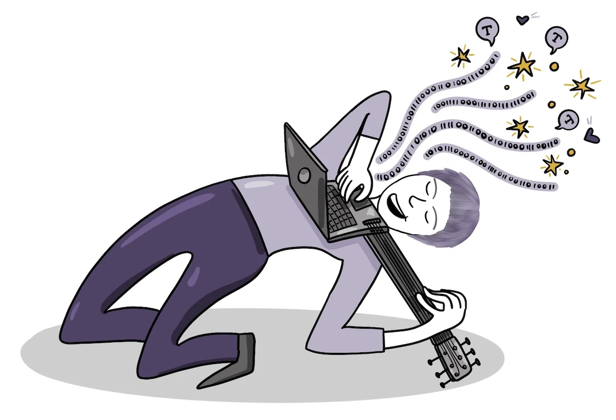 Sketchnote: Daniela Krainčić spielt ihren Laptop wie eine E-Gitarre, aus ihm fliegen Datenströme und Sterne