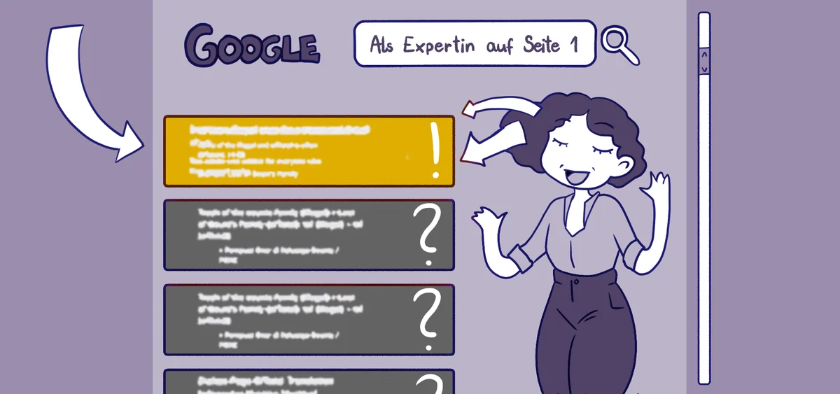 Sketchnote: Eine Frau jubelt neben dem ersten Google-Treffer für „Als Expertin auf Seite 1“
